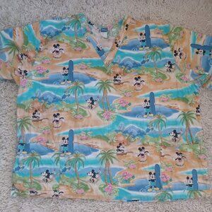 Disney Scrub Top 3XL Mickey Mouse Tropical Hawaiian Surf Print 100% Cotton V-Nec